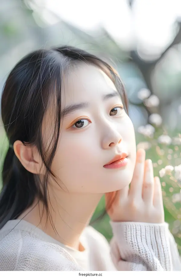 Portrait of a Young Woman with Long Black Hair in a Knitted Sweater