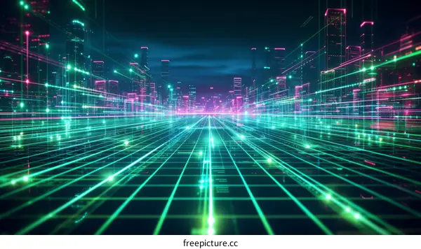 Futuristic city illustration with glowing neon lights and skyscrapers in perspective