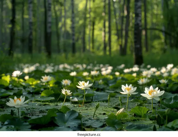 White Water Lilies Blooming in a Tranquil Forest Pond
