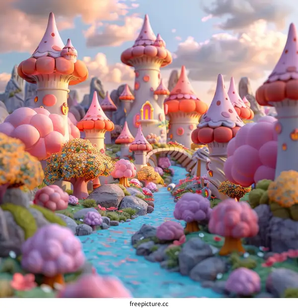 Whimsical digital painting of a pink and purple fairytale land with a river running through it