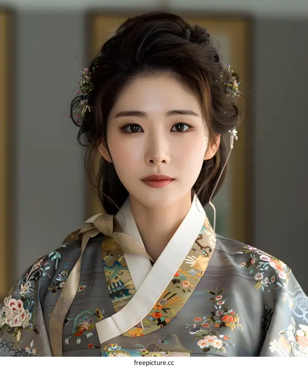 Korean Woman in Traditional Hanbok Dress with Flowers in Hair