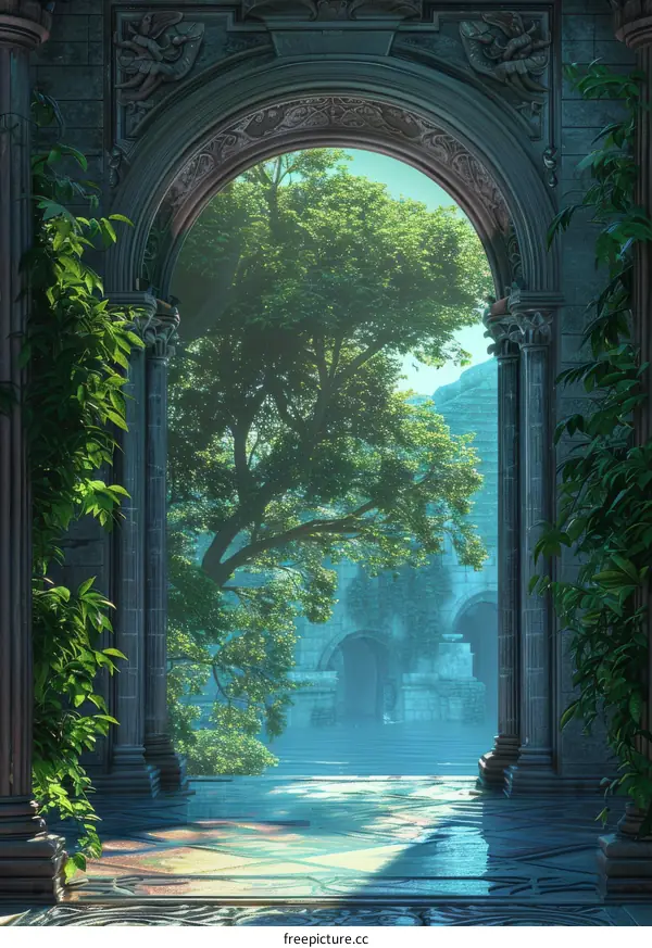 Grand Overgrown Ruins Archway Under Sunlight