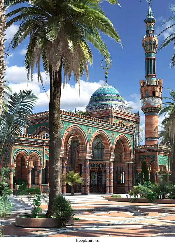 Ornate Mosque with Palm Trees and Blue Sky