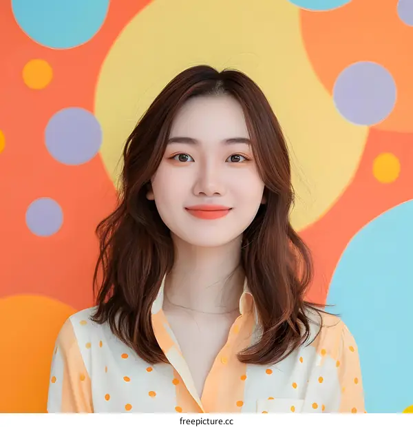 Smiling Asian Woman with Polka Dot Shirt and Colorful Background