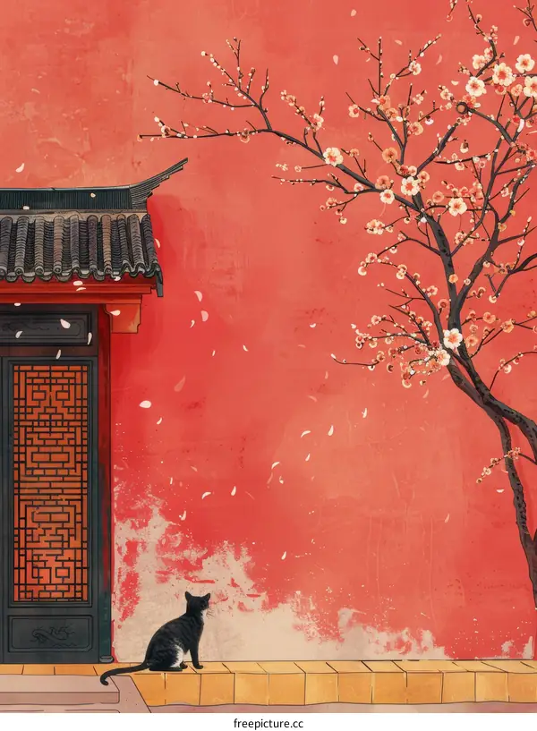 A black cat looking at the peach blossom tree under the red wall