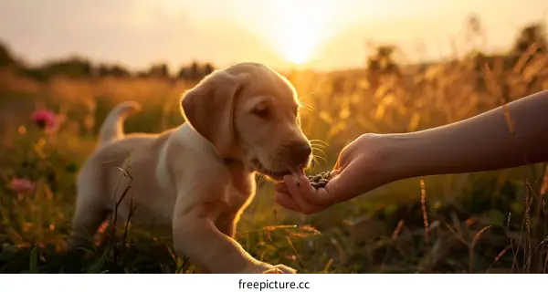 Golden Retriever Puppy Enjoying a Treat at Sunset