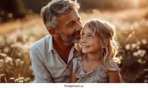 Father and daughter in a field of flowers