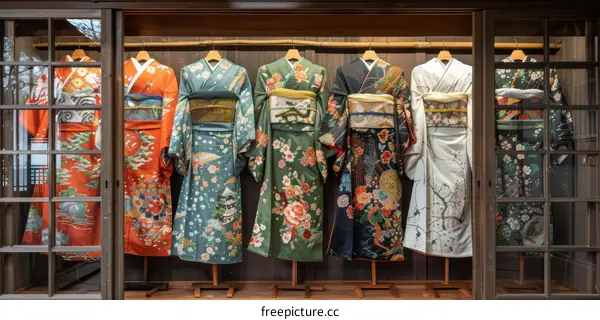 A variety of colorful kimono displayed in a traditional Japanese clothing store