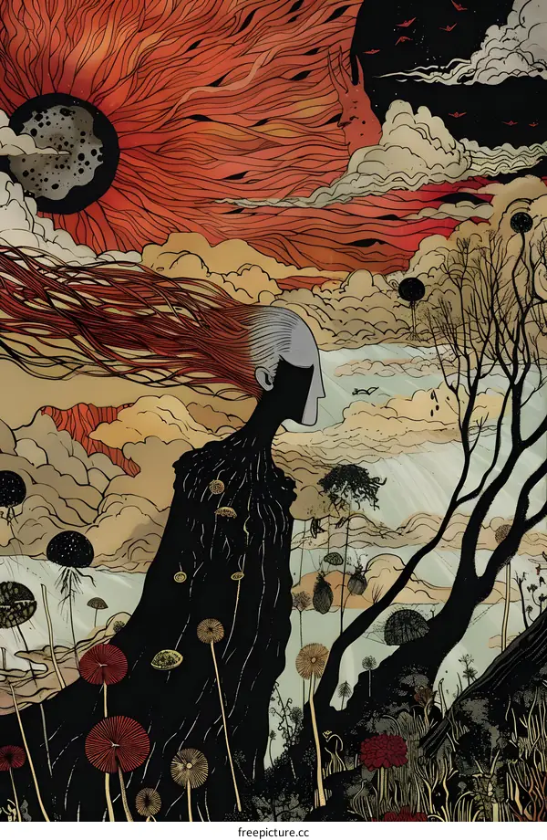 Surreal Illustration of a Woman in a Fantasy Landscape with Red Sky and Floating Mushrooms
