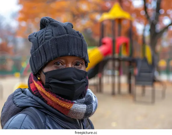 Black woman wearing a mask standing in a park
