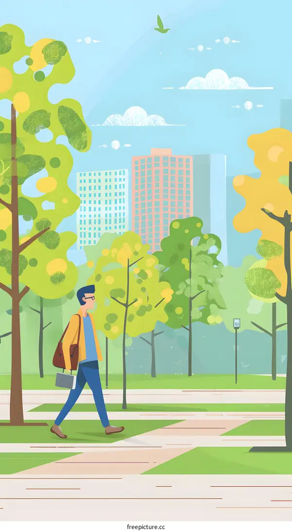 Man Walking in a Park with Trees and Buildings in the Background