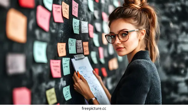 Woman with Glasses Holding a Clipboard in Front of a Wall Covered in Sticky Notes