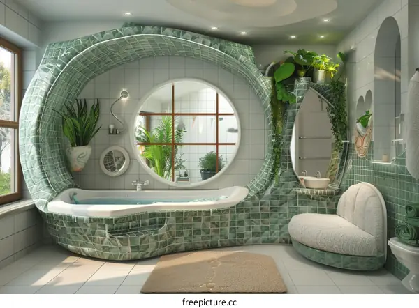 Modern Bathroom Design With Green Tiles And Plants