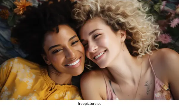 Two young multiracial women smiling