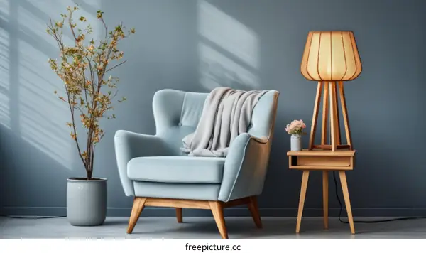 A stylish blue armchair in a living room