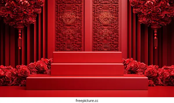 Red Chinese Style Stage Background with Roses