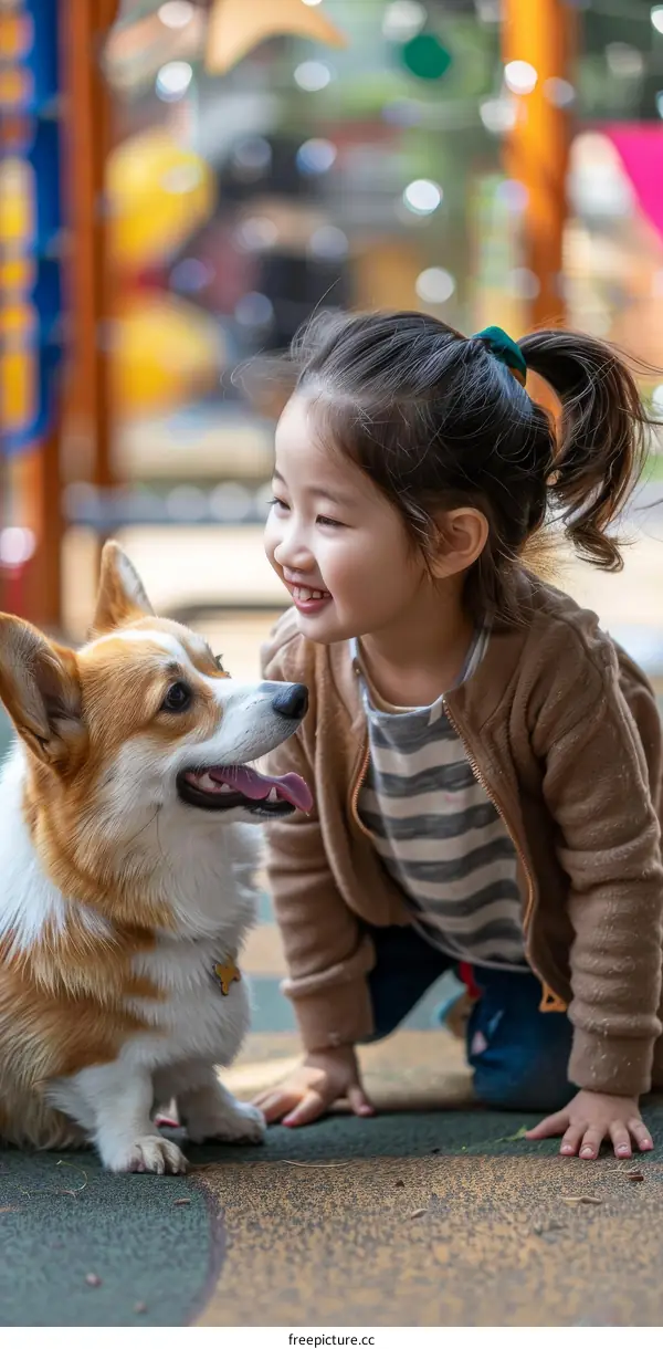 Asian toddler girl playing with a corgi dog