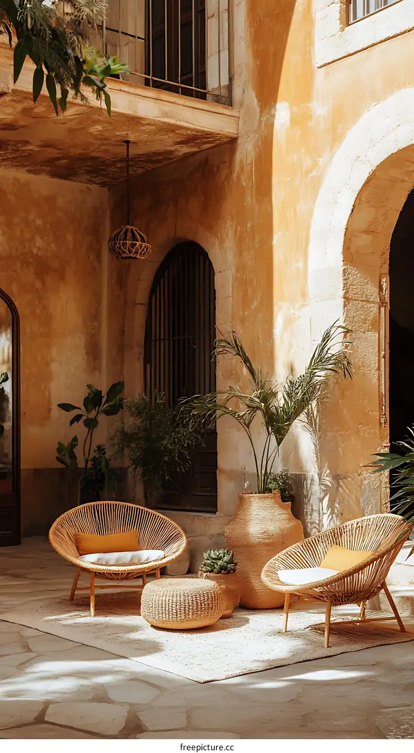 Mediterranean Patio With Rattan Chairs and Wicker Vases