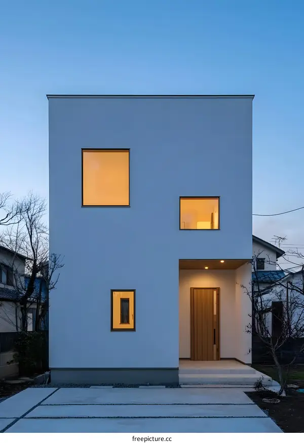 Modern White House with Windows and a Wooden Door in the Evening