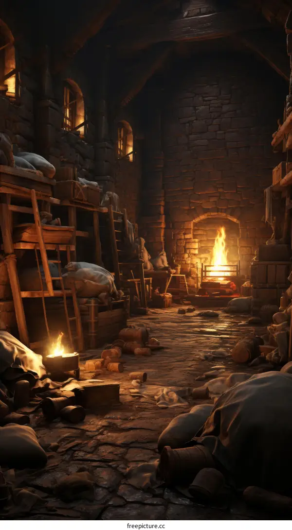 A room with a fireplace and bunks