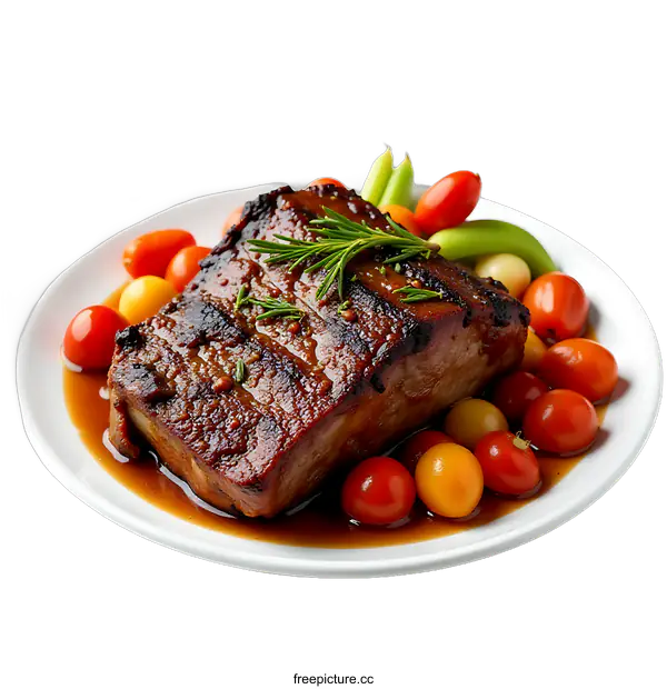 [Transparent Background PNG]Delicious Grilled Steak with Cherry Tomatoes and Herbs