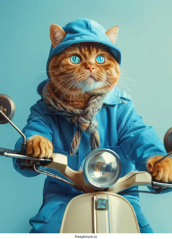 Cat in a blue hoodie riding a scooter