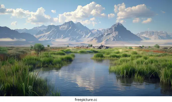Serene Stream Meandering Through a Meadow of Greenery