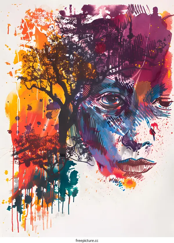 Abstract Watercolor Painting of a Woman with Tree Branches and Splashes of Color