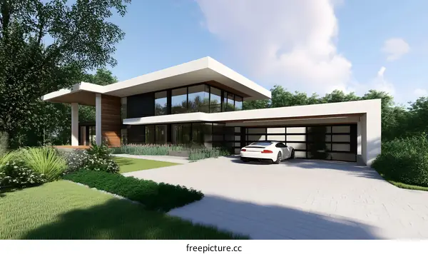 Modern House Design with Garage and Lush Greenery