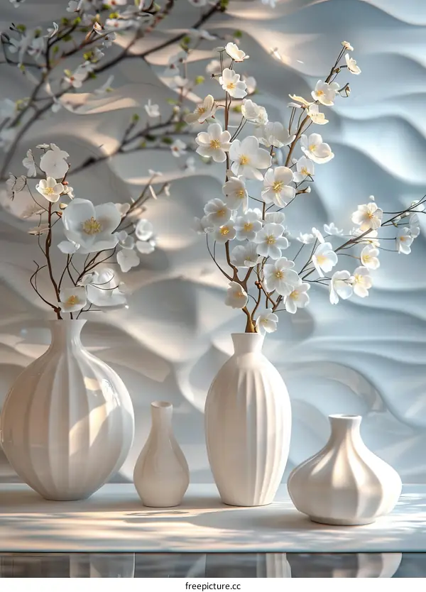 Elegant White Vases with Delicate Blossoms