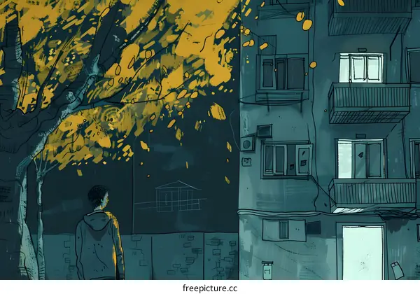 Man Walking Past Building With Autumn Leaves