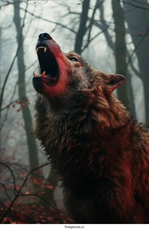 A Wolf Howls At The Moon In The Forest