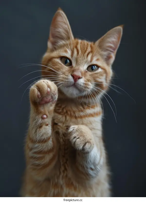 A ginger cat is standing on its hind legs and reaching out with its paws