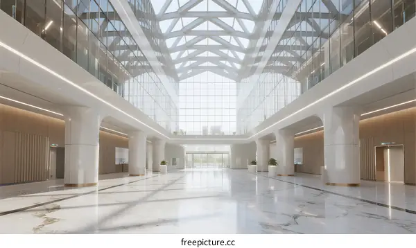 Modern Commercial Building Lobby with Glass Ceiling and White Pillars