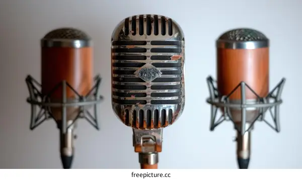 Three vintage microphones in a row with white background