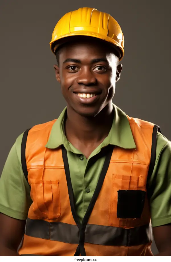 Portrait of a smiling young African American construction worker wearing a hard hat and safety vest