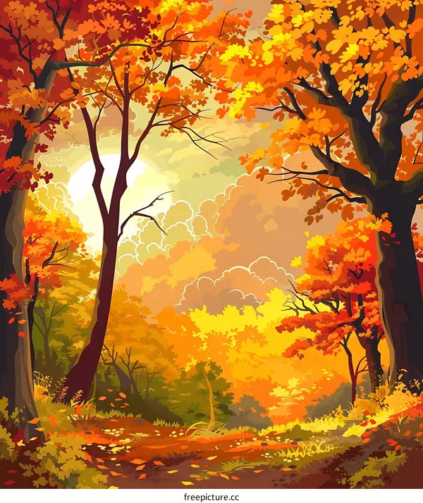 Autumn Forest Landscape With Golden Leaves And Sun