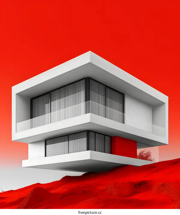 Modern White House in Red Minimalist Style