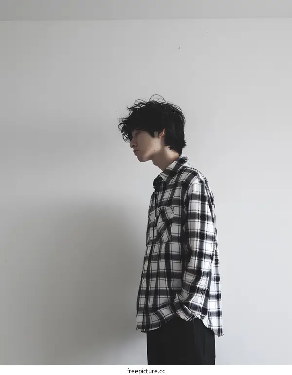 A young man with long black hair and black and white plaid shirt standing against a white wall