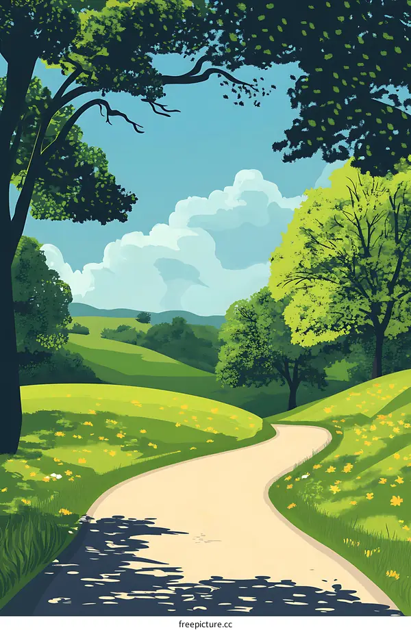 Summer Landscape Illustration with Path and Trees
