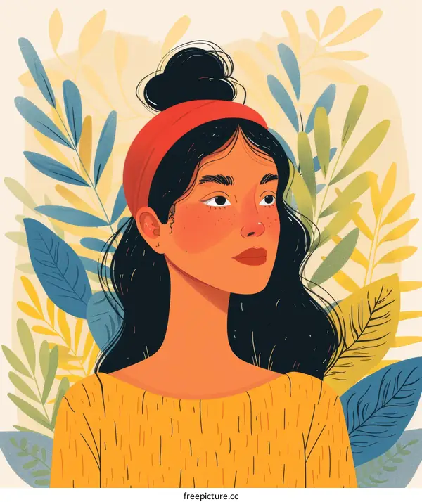 Portrait of a young woman with dark hair and a red headband