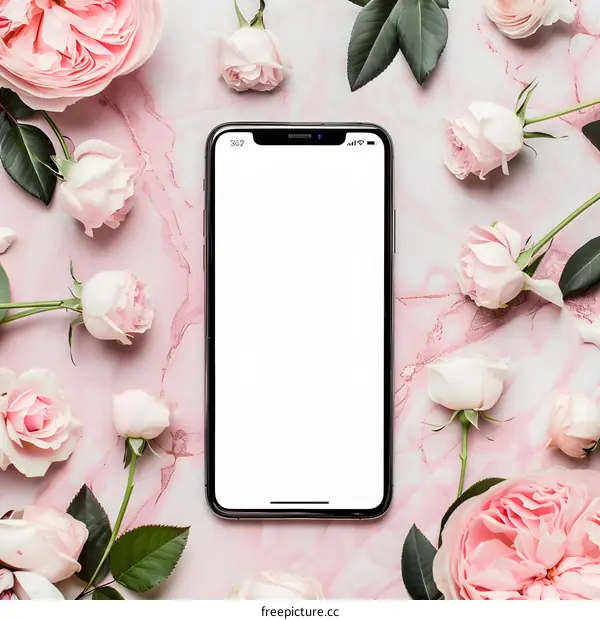 Pink Roses With Phone Mockup on Marble Background