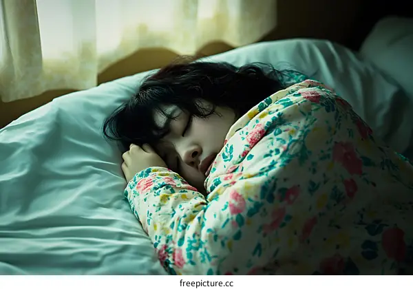 Sleeping Woman In Bed With Floral Bedding