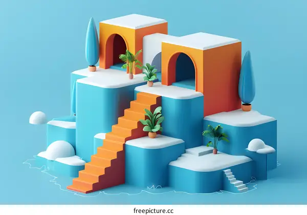 3D illustration of a blue and orange geometric landscape with stairs, plants, and arches