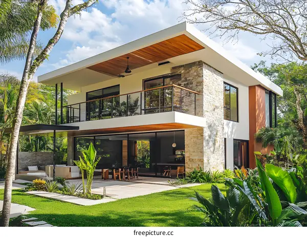 Modern House with Tropical Landscaping and a Balcony