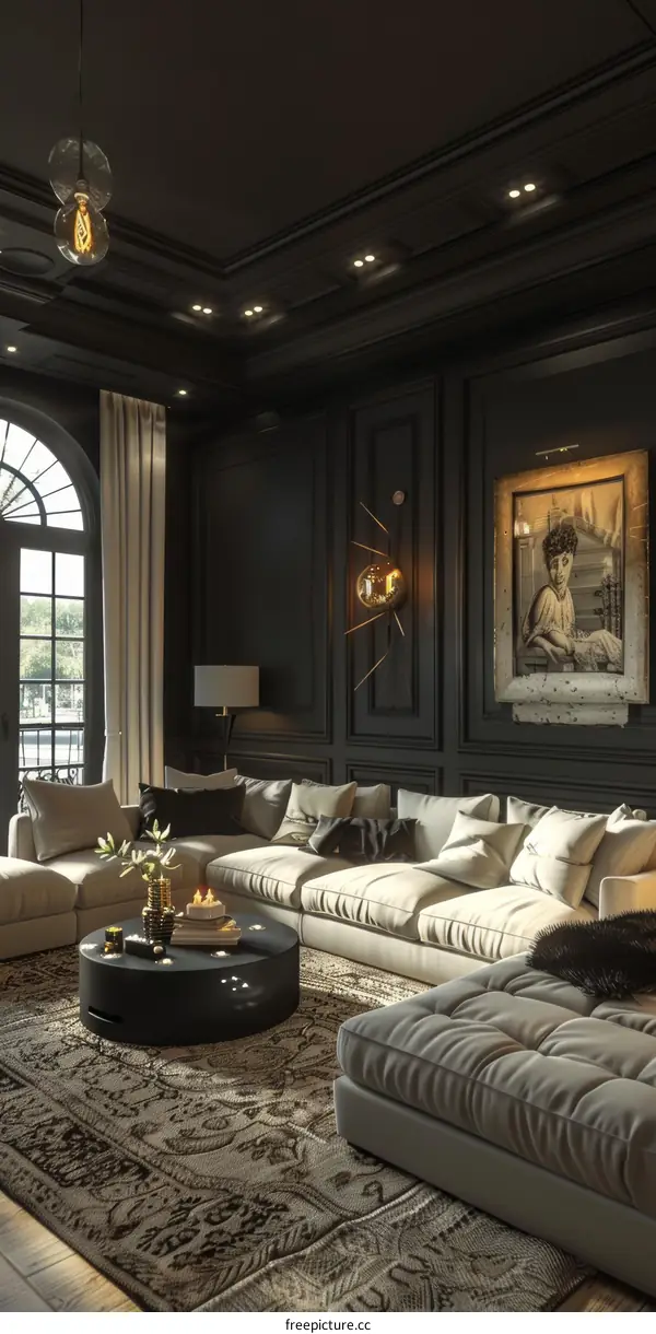 Modern Luxury Living Room Interior Design with Black Walls and White Sofa