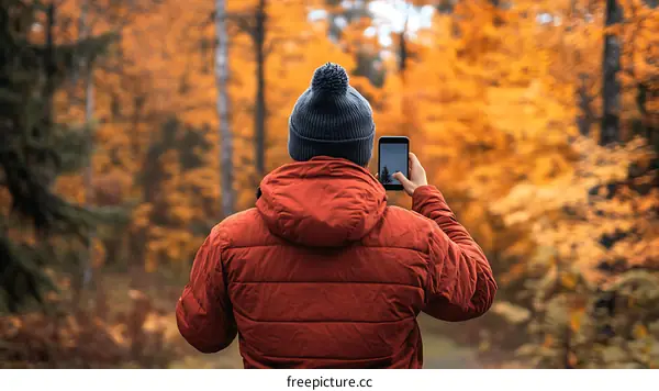 Man Taking Photo of Autumn Foliage in Forest