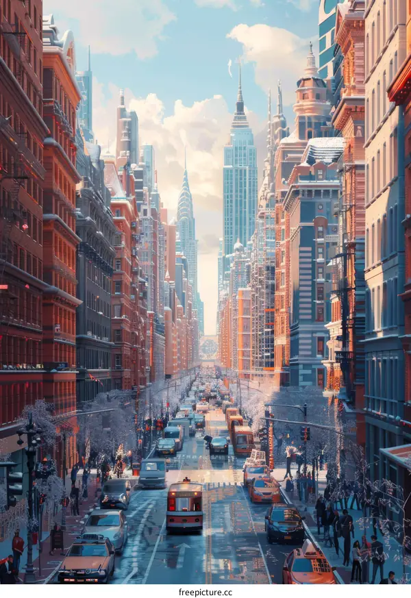 Snowy City Street Scene in Winter