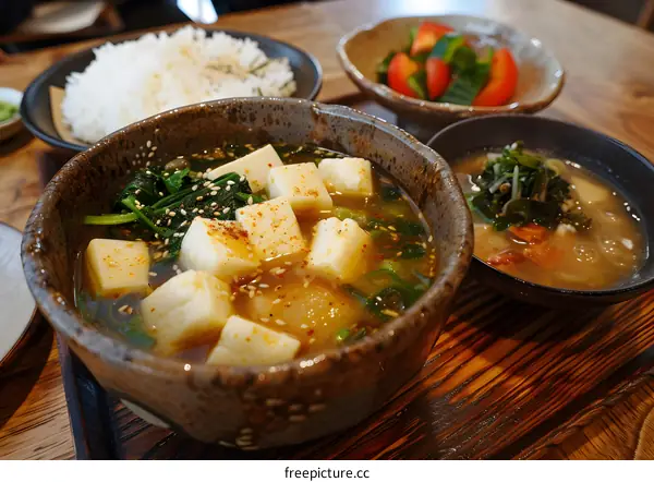 Japanese Set Meal with Tofu Soup, Rice and Pickles