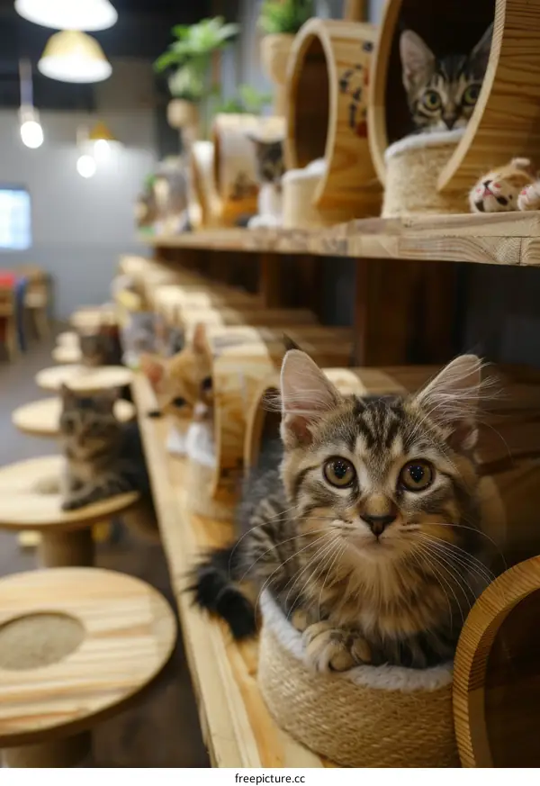 A group of cats sitting on wooden shelves in a room